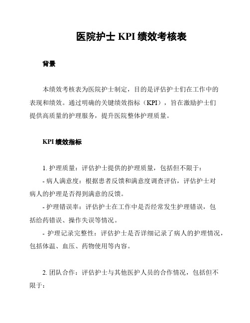 医院护士KPI绩效考核表