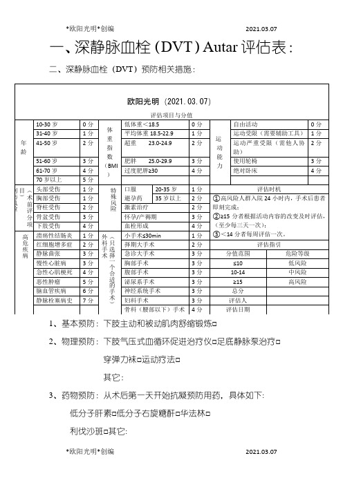 2021年深静脉血栓Autar评分表之欧阳学文创编