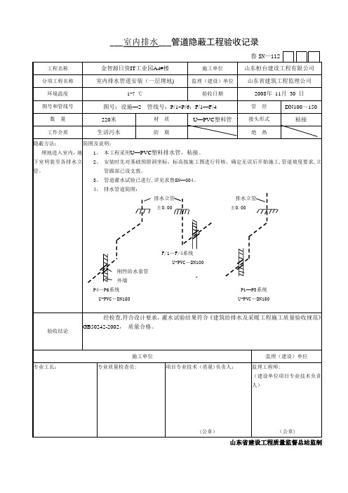 室内排水管道隐蔽工程验收记录