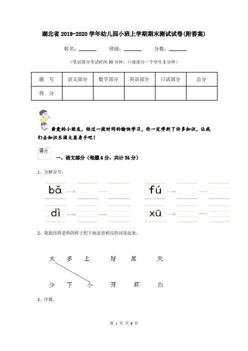湖北省2019-2020学年幼儿园小班上学期期末测试试卷(附答案)