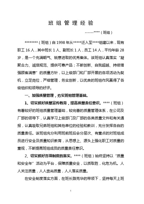 班组建设(班组管理)经验汇报材料