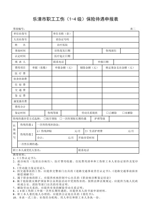 乐清市职工工伤(1-4级)保险待遇申报表