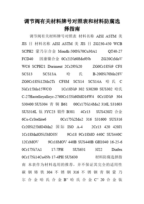 调节阀有关材料牌号对照表和材料防腐选择指南.doc