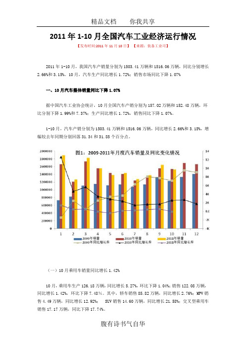 2011年1-10月全国汽车工业经济运行情况