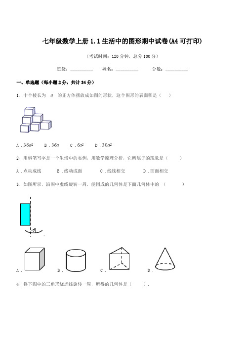 2020-2021年度榆树市第二实验中学七年级数学上册1.1生活中的图形期中试卷(A4可打印)