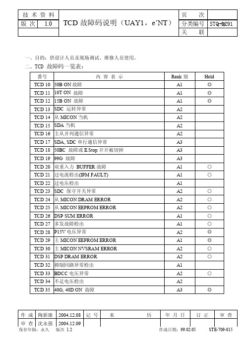 永大电梯故障TCD说明