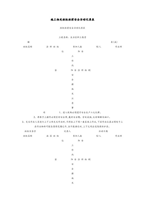 施工相关班组班前安全活动记录表