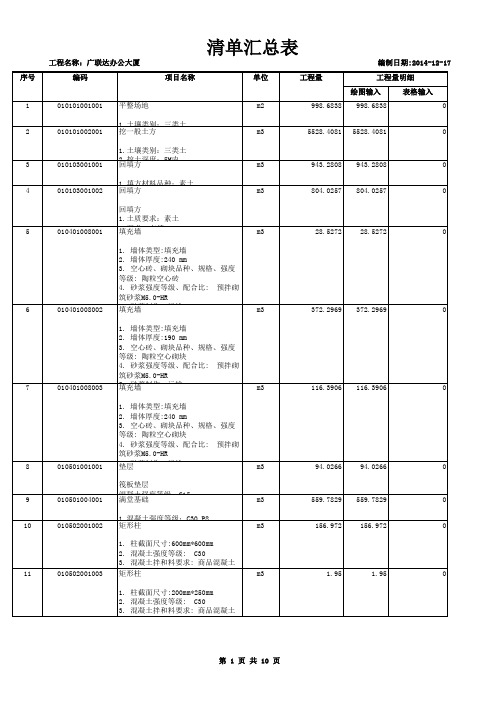 广联达办公大厦 清单汇总表