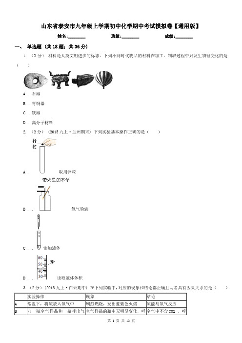 山东省泰安市九年级上学期初中化学期中考试模拟卷【通用版】