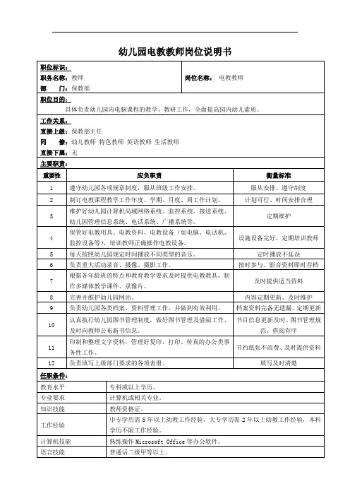 幼儿园岗位说明书及岗位职责——电教教师6847681691