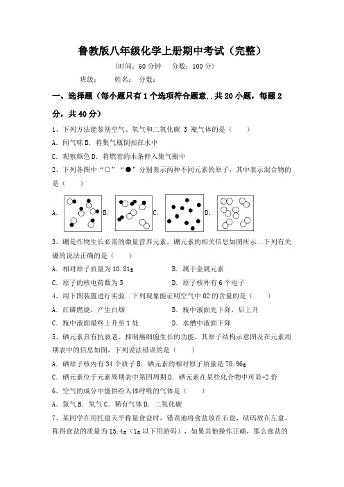 鲁教版八年级化学上册期中考试(完整)