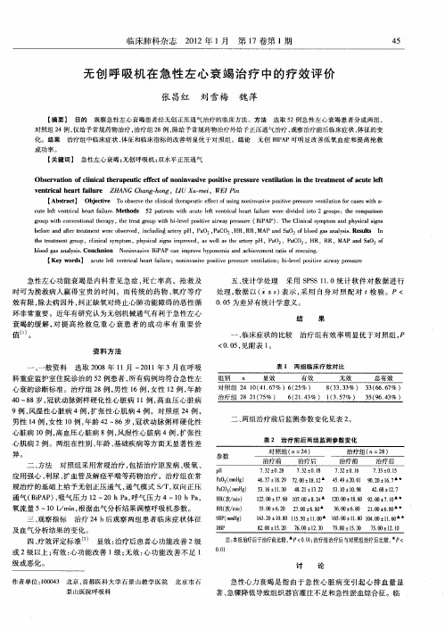 无创呼吸机在急性左心衰竭治疗中的疗效评价