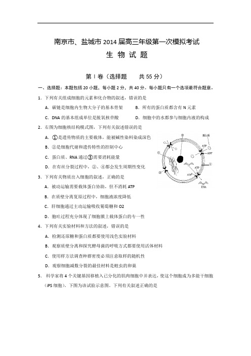 生物高考模拟卷-高三生物试题及答案-南京市、盐城市高三第一次模拟考试