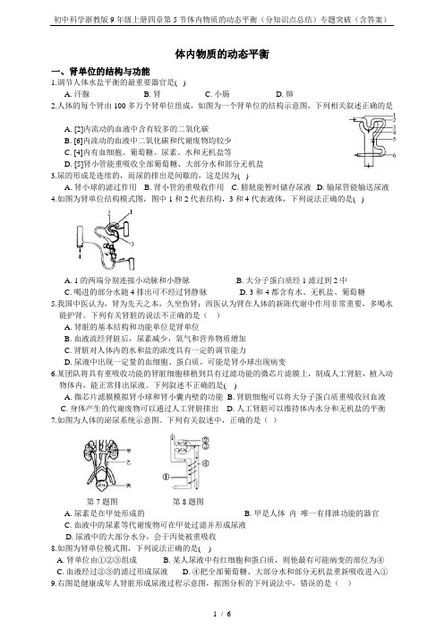 初中科学浙教版9年级上册四章第5节体内物质的动态平衡(分知识点总结)专题突破(含答案)