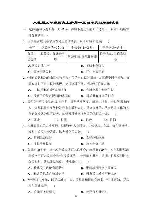 人教版九年级历史上册第一至四单元达标测试卷含答案