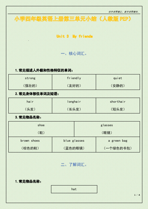 小学四年级英语上册第三单元小结(人教版PEP)