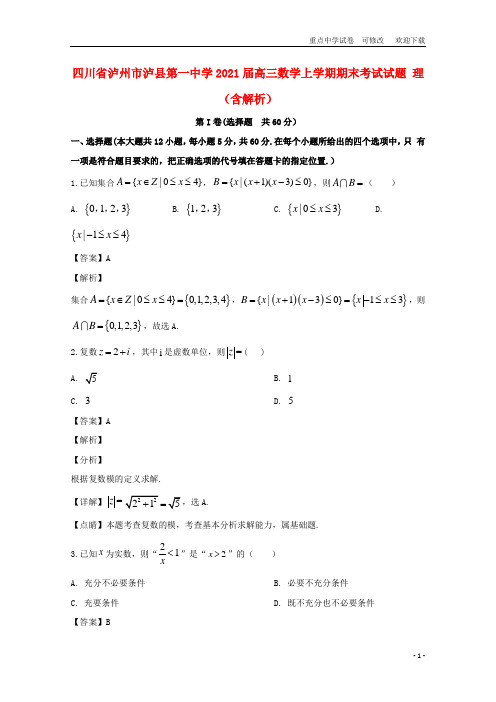 四川省泸州市泸县第一中学2021届高三数学上学期期末考试试题 理(含解析)