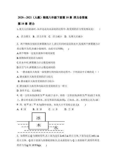 2020-2021学年人教版物理八年级下册第10章 浮力含答案