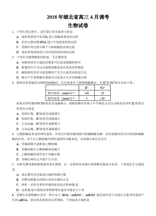 2018湖北省高三4月调考生物试题