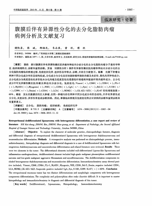 腹膜后伴有异源性分化的去分化脂肪肉瘤病例分析及文献复习