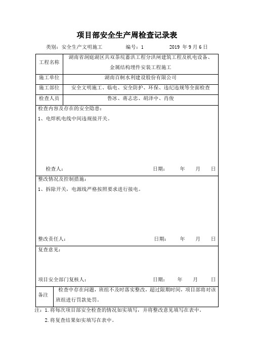 项目部安全生产周检查记录表