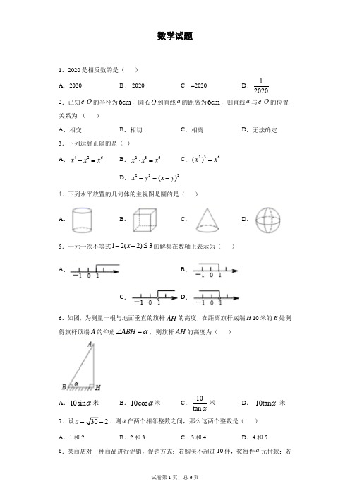 2020年浙江省平湖市实验学校中考一模数学试题 (2)