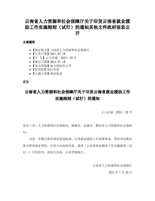 云南省人力资源和社会保障厅关于印发云南省就业援助工作实施细则（试行）的通知其他文件政府信息公开