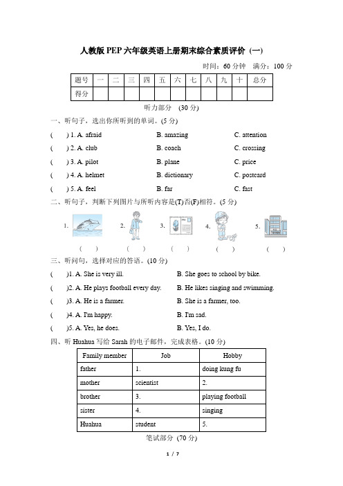 人教版PEP六年级英语上册期末综合素质评价 附答案 (1)