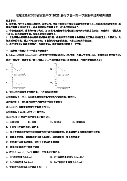 黑龙江哈尔滨市省实验中学2025届化学高一第一学期期中经典模拟试题含解析