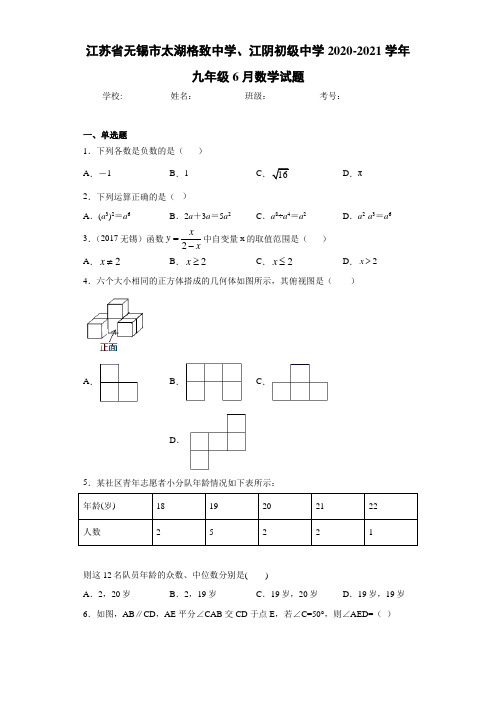 江苏省无锡市太湖格致中学、江阴初级中学2020-2021学年九年级6月数学试题