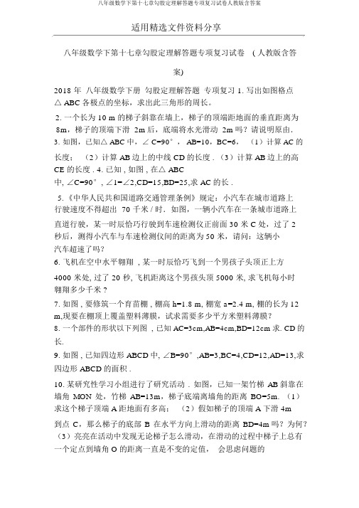 八年级数学下第十七章勾股定理解答题专项复习试卷人教版含答案
