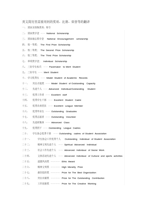 英文简历里需要用到的奖项、比赛、荣誉等的翻译