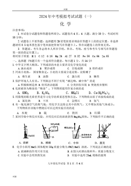 2024河南省安阳市中考初三一模化学试卷和答案