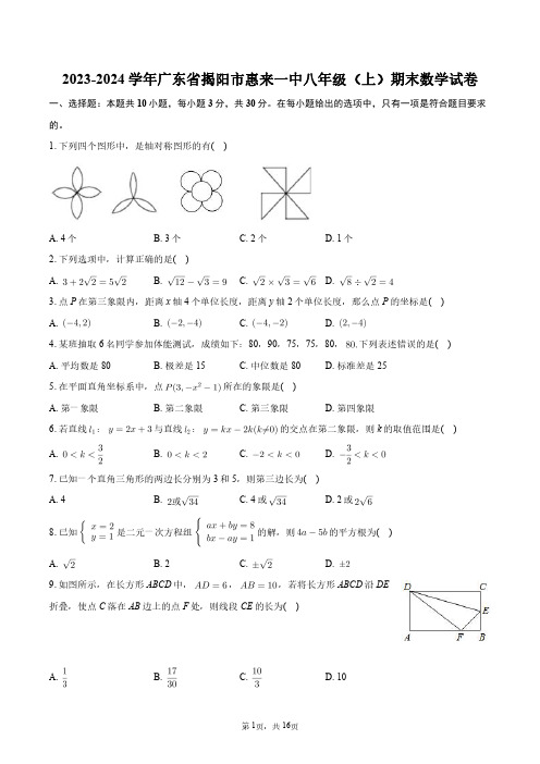 2023-2024学年广东省揭阳市惠来一中八年级(上)期末数学试卷+答案解析