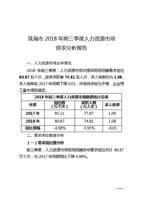 珠海2018年前三季度人力资源场