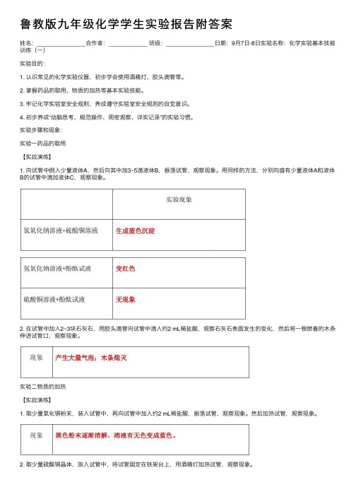 鲁教版九年级化学学生实验报告附答案