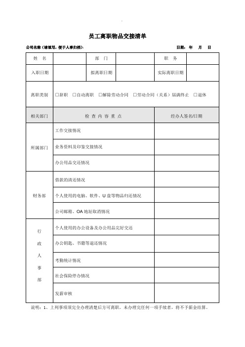 员工离职物品交接清单精选word范本