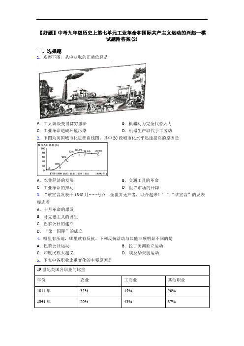 【好题】中考九年级历史上第七单元工业革命和国际共产主义运动的兴起一模试题附答案(2)