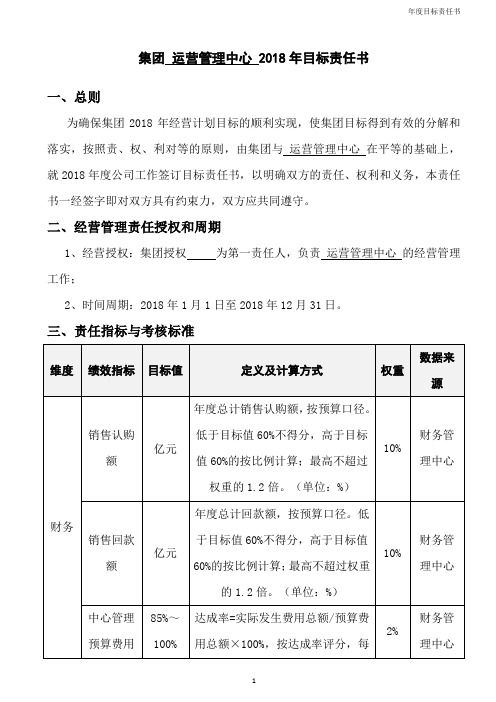 运营管理中心年度目标责任书模板