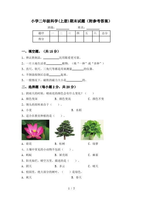 小学二年级科学(上册)期末试题(附参考答案)