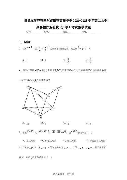 黑龙江省齐齐哈尔市衡齐高级中学2024-2025学年高二上学期暑假作业验收(开学)考试数学试题