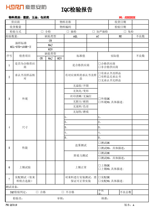 IQC检验报告(塑胶,五金,包材类)