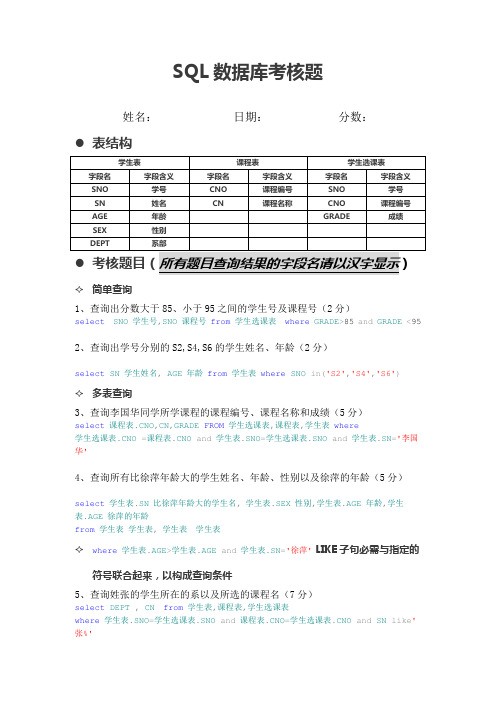 SQL数据库考核题目