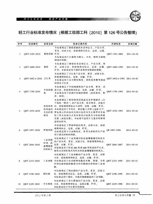 轻工行业标准发布情况(根据工信部工科〔2010〕第126号公告整理)