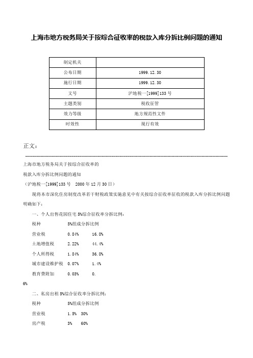 上海市地方税务局关于按综合征收率的税款入库分拆比例问题的通知-沪地税一[1999]133号