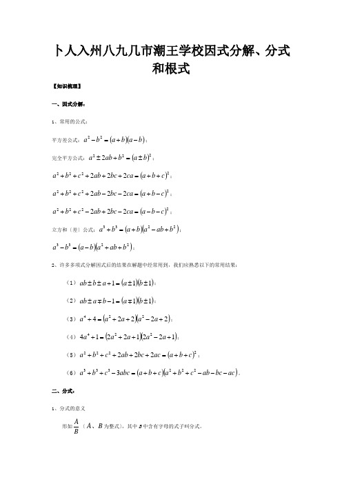 初中数学奥赛专题复习知识梳理+例题精讲第十讲因式分解、分式和根式试题