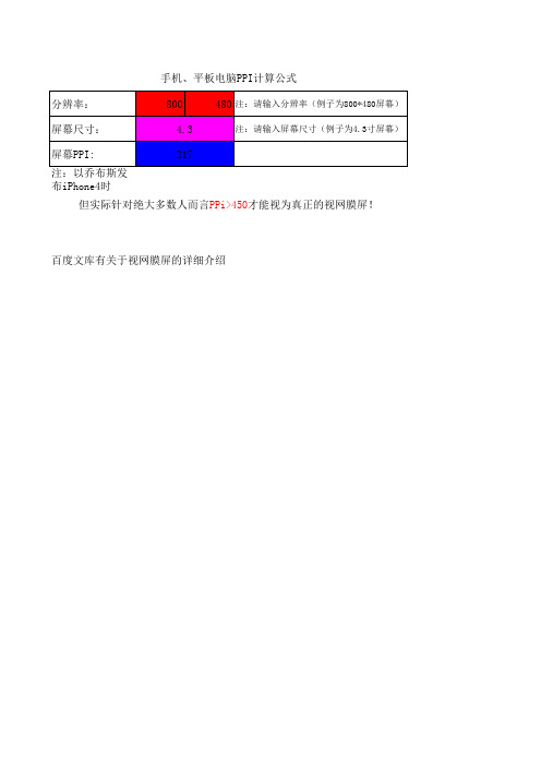 手机、平板电脑PPI计算公式(精确版)