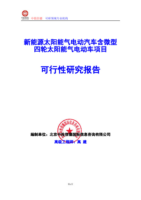 新能源太阳能气电动汽车含微型四轮太阳能气电动车项目可行性研究报告编写格式及参考(模板word)