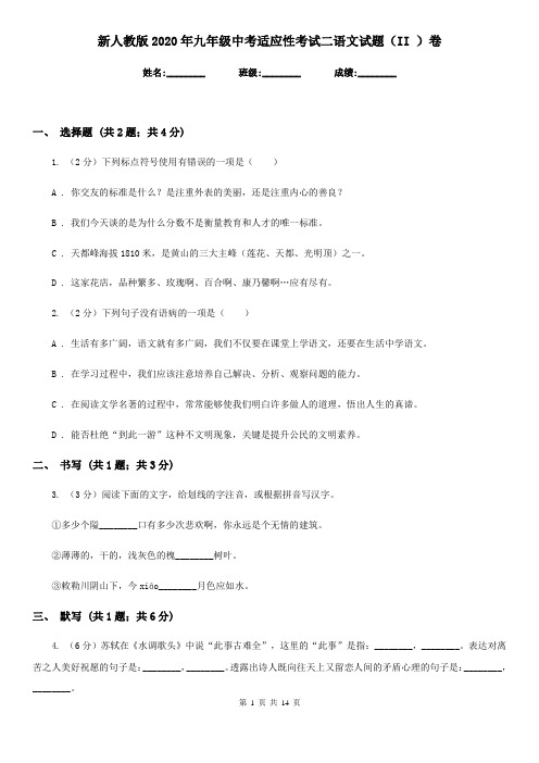 新人教版2020年九年级中考适应性考试二语文试题(II )卷