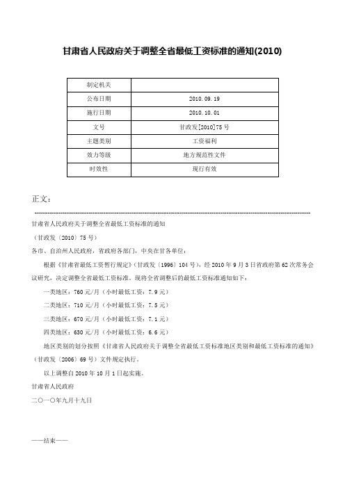 甘肃省人民政府关于调整全省最低工资标准的通知(2010)-甘政发[2010]75号